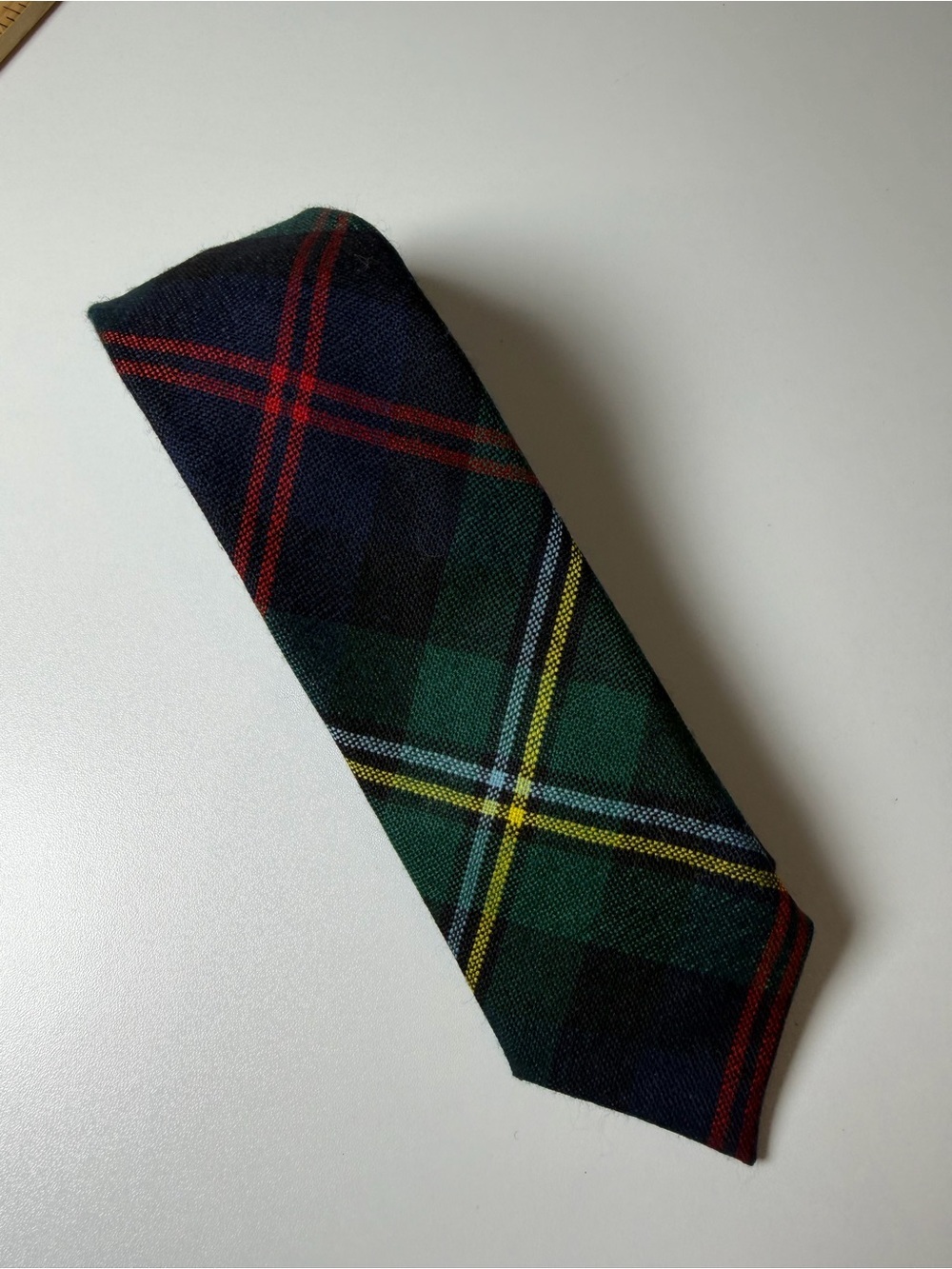 J. Crew Wool Green Tartan Plaid Slim Modern Tie with Red and Yellow Accents